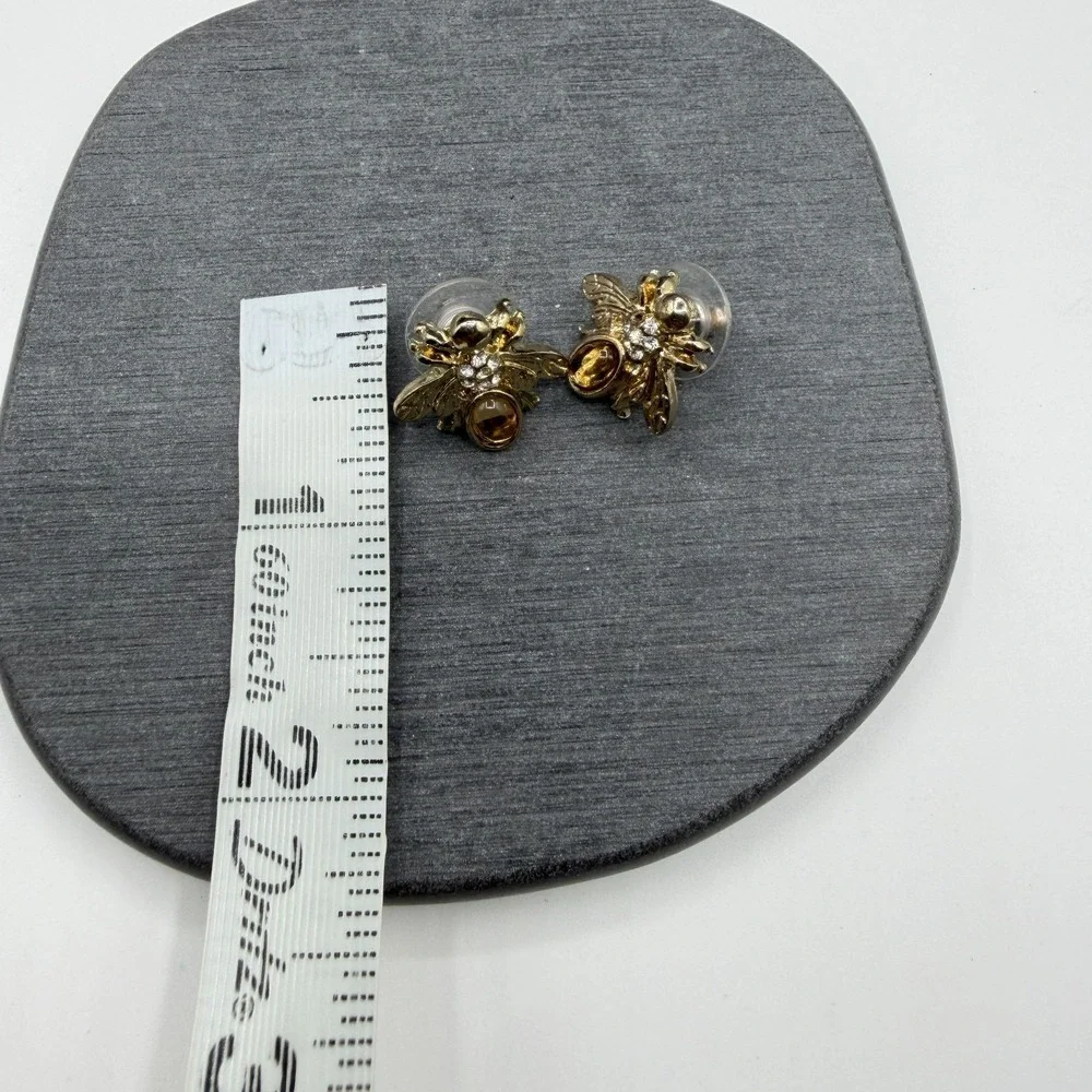 Amber & Gold Tone Bee Stud Earrings Rhinestone Insect Statement Jewelry Pierced
